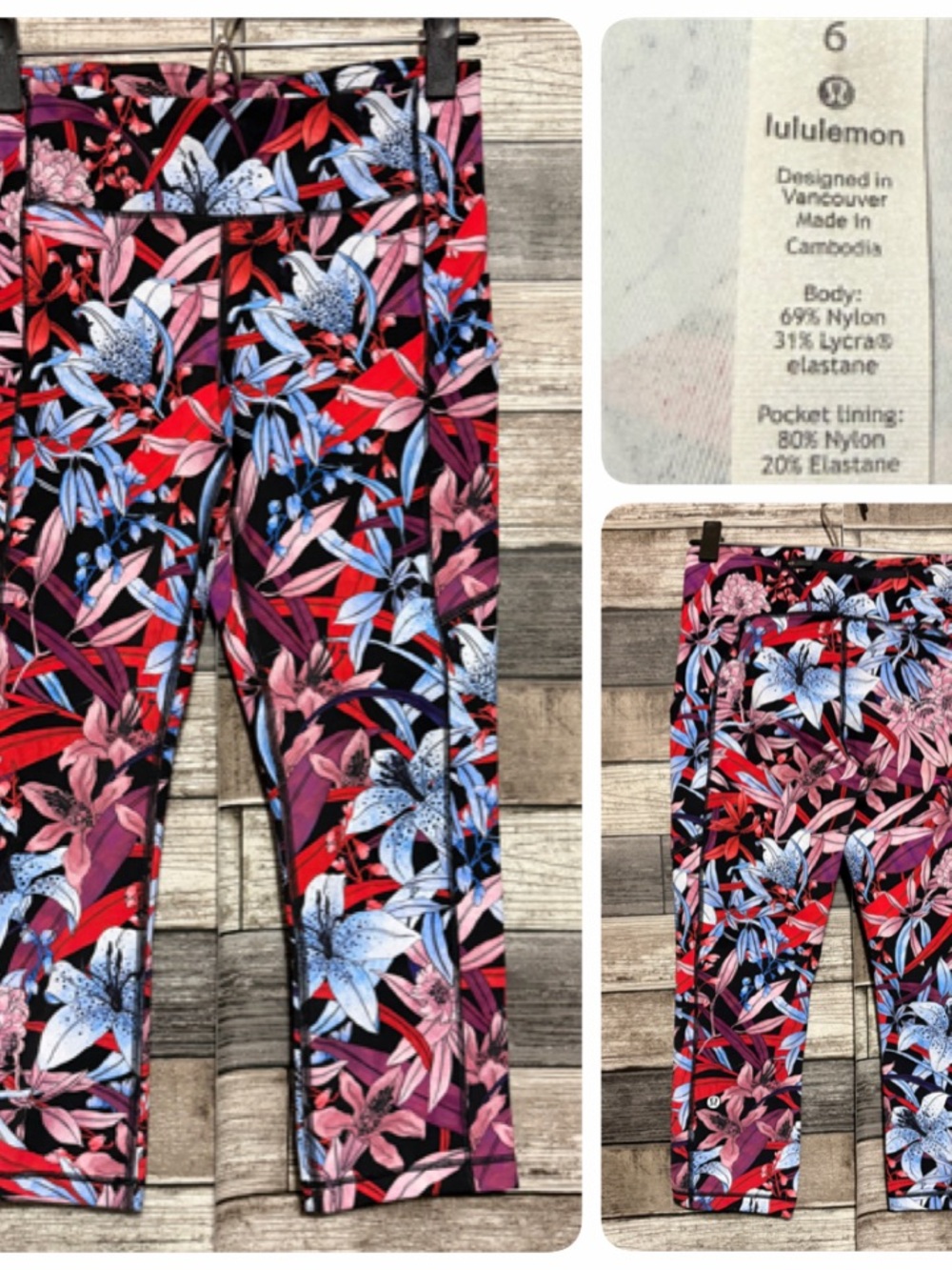 Lululemon Floral Crop Leggings Women’s 6 Red Blue (Inseam 20) Pull On